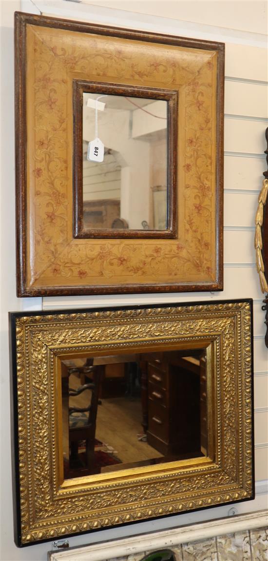 A gilt framed wall mirror and a rectangular marquetry inlaid wall mirror larger H.64cm